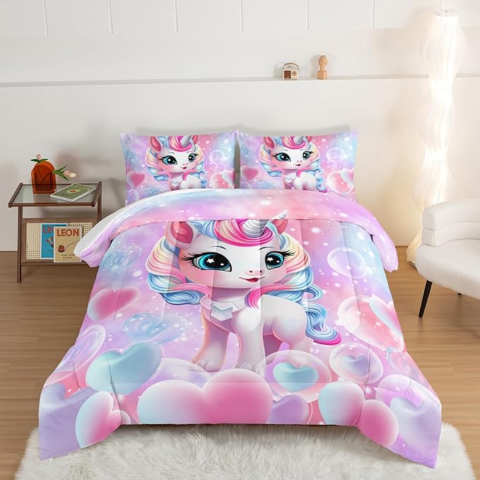HOSIMA Unicorn Bedding Sets for Girls Teens,Cartoon Kawaii Unicorn Comforter Bubble and Love Heart Bedding Set,Fantasy Unicorn Bedroom Decor for Girls Pink Purple Full Size Bed in a Bag Set.