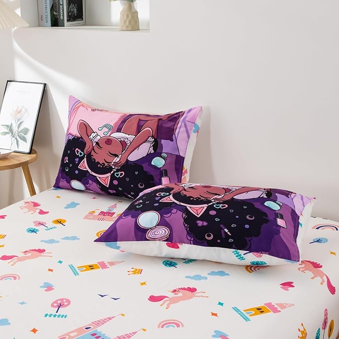 A Nice Night Purple Comforter Sets,Black Girl Listening Music Printed, 6Pcs Bed in A Bag Twin Size All Seasons Bedding Set,for Kids, Girls