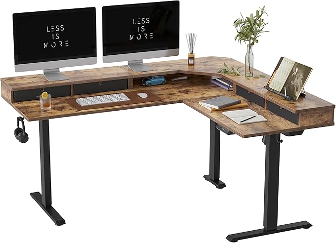 FEZIBO 63" L Shaped Standing Desk with 4 Drawers, Electric Standing Gaming Desk Adjustable Height, Corner Stand up Desk with Splice Board, Black Frame/Rustic Brown Top