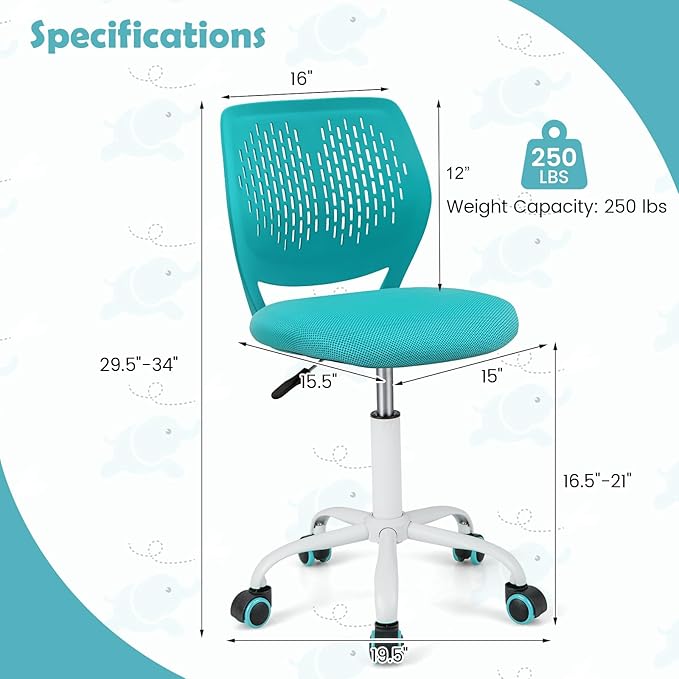 Kids Desk Chair, Ergonomic Kids Office Chair Ages8-12 w/Lumbar Support, Low-Back Teen Desk Chair for Girls Boys, Small Cute Kids Computer Chair for Bedroom/Study/Vanity Desk, Turquoise