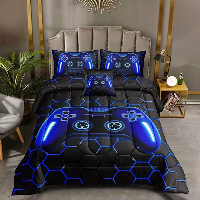 6 Pieces Bed in A Bag Gamer Bedding Set for Boys Kids Adult Gaming Comforters Set,Boys Bed in A Bag Set Queen Size Comforter with Fitted Sheet Flat Sheet Pillowcase pillowsham,DJTH5025Queen
