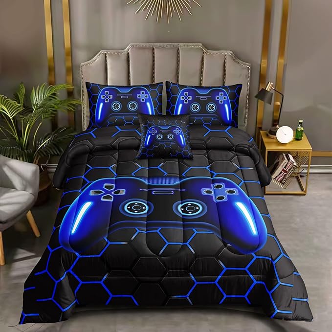 5 Pieces Bed in A Bag Gamer Bedding Set for Boys Kids Adult Gaming Comforters Set,Boys Bed in A Bag Set Twin Size Comforter with Fitted Sheet Flat Sheet Pillowcase pillowsham,DJTH5025Twin