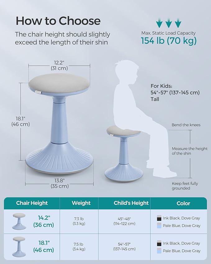 SONGMICS Kids Wobble Chair, Wiggle Stool for Kids Ages 8-12, Comfortable 60D Foam Seat, Breathable Fabric, Anti-Slip Base, 18.1-Inch High, Tool-Free Assembly, Pale Blue and Dove Gray UOSC010Q01