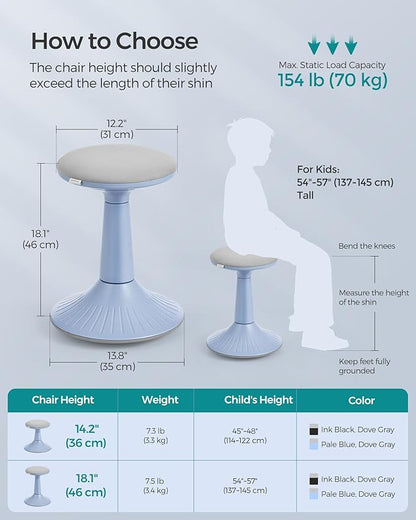 SONGMICS Kids Wobble Chair, Wiggle Stool for Kids Ages 8-12, Comfortable 60D Foam Seat, Breathable Fabric, Anti-Slip Base, 18.1-Inch High, Tool-Free Assembly, Pale Blue and Dove Gray UOSC010Q01