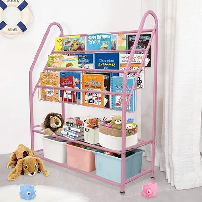 aboxoo Metal Kids Bookshelf Pink Bookcase Freestanding for Children Girls Room 32 inches Large Toddler Pink Stable Bookcase Bookstore Library Book Unit Storage