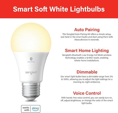 Sengled Alexa Light Bulbs, 100W Equivalent, S1 Auto Pairing with Alexa Devices, Smart Light Bulb that Work with Alexa, Bluetooth Mesh Smart Home Lighting, ‎Warm Light Bulbs, No Hub Required, 4-Pack,