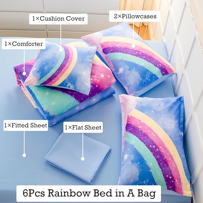 Sky Blue Teen Rainbow Comforter Set Queen Size for Girls, 6 Pieces Galaxy Gradient Bed in A Bag, 3D Galaxy Kids Bedding Comforter Sets with Comforter, Sheets and Pillowcases