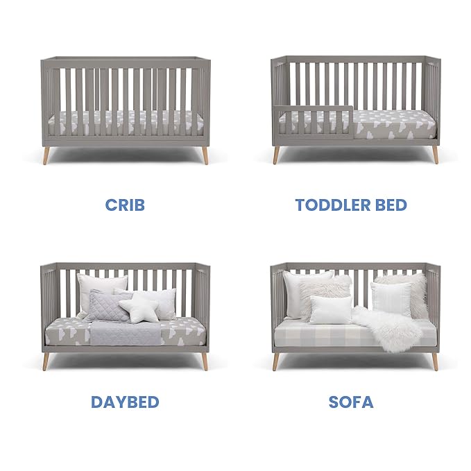 Delta Children Essex 4-in-1 Convertible Baby Crib, Grey with Natural Legs + Delta Children Twinkle Galaxy Dual Sided Recycled Fiber Core Crib and Toddler Mattress (Bundle)