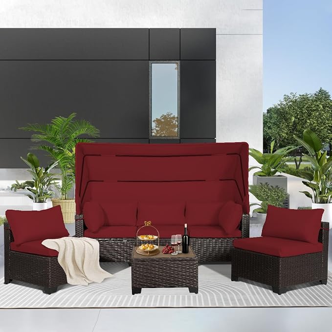 6 PCS Outdoor Patio Furniture Set,Sectional Sofa Set,Rattan Daybed with Retractable Canopy,Adjustable Backrest,Storage Coffee Table,Chaise Chair Sunbed for Porch Garden Poolside Backyard(Red)
