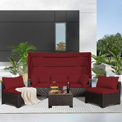 6 PCS Outdoor Patio Furniture Set,Sectional Sofa Set,Rattan Daybed with Retractable Canopy,Adjustable Backrest,Storage Coffee Table,Chaise Chair Sunbed for Porch Garden Poolside Backyard(Red)
