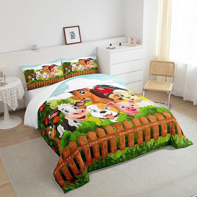 Kids Cartoon Comforter Set Toddler Cute Farm Animals Comforter Cattle Sheep Pigs Dogs Horses Bedding Set for Boys Girls Children Farmhouse Duvet Set Ultra Soft Room Decor Full Size Colorful Quilt Set