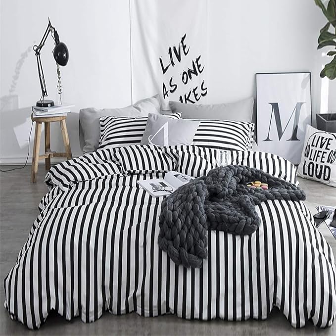 White and Black Stripes Comforter Set Cal King Women Bedding Set Soft Durable White Striated Bedding Set Black Stripes Cal King Quilts Hotel Quality Comforter Girls White Black Stripes Bed Set