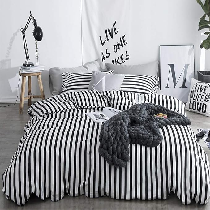 White and Black Stripes Comforter Set Twin Women Bedding Set Soft Durable White Striated Bedding Set Black Stripes Ticking Quilts Hotel Quality Comforter Set Girls White Black Stripes Bed Set