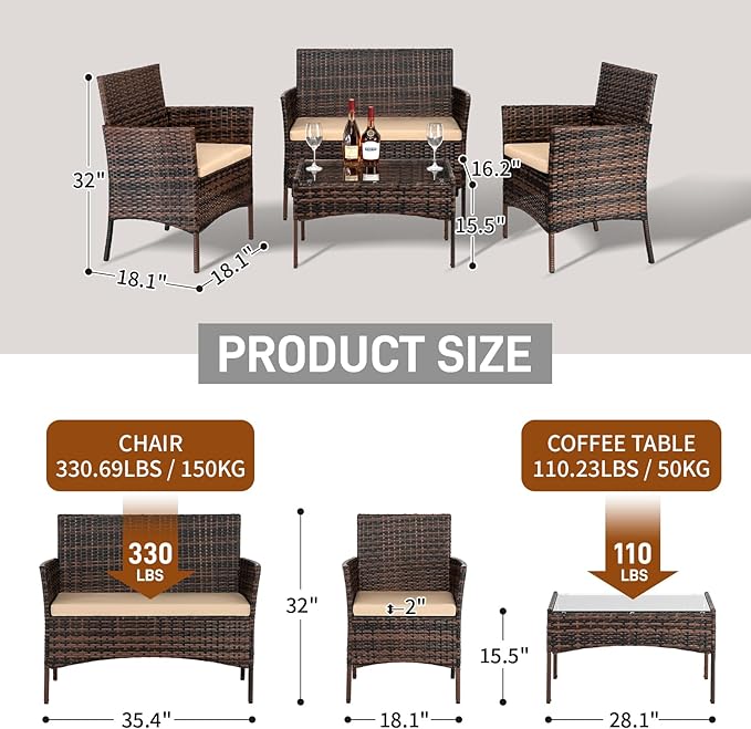 Outvita 4 Pieces Patio Furniture Set, Rattan Conversation Sets with Loveseat Soft Cushion and Glass Table for Garden Backyard Balcony Porch Poolside(Brown Gradient)