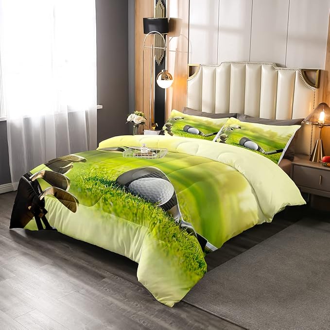 Erosebridal Golf Comforter Set Full Size,Golf Clubs Bedding Set, Sports Game Theme Duvet Set Green Quilt Set, Boys Room Decorative Comforter Set Soft Breathable Ultra Lightweight