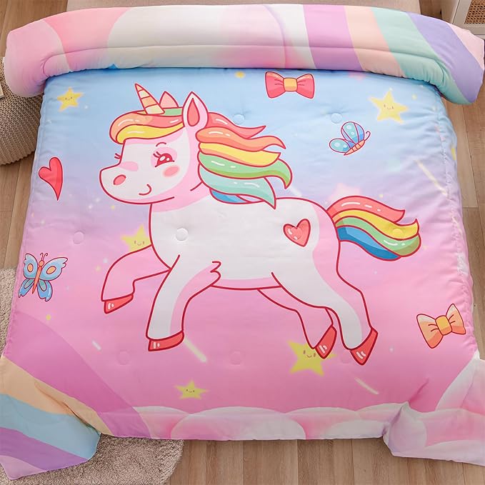 Aimuan Girls Unicorn Comforter Set 3 Pieces Pink Purple Bedding Set with Rainbow Star Galaxy Stars Fantasy Children Room Decor Soft Reversible Bed Sets for Boys/Girls/Teens (Pink Blue Twin3Pcs)