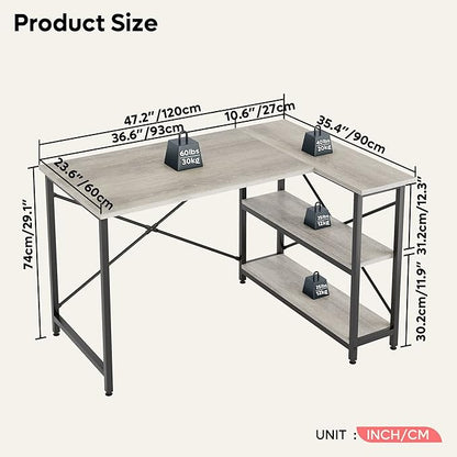 Bestier Small L Shaped Desk with Shelves 47 Inch Reversible Corner Computer Desk Writing Gaming Storage Table for Home Office Small Space, Gray Oak