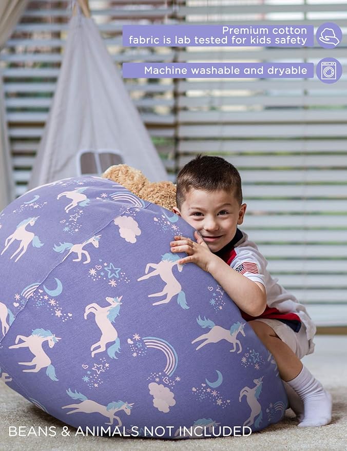 Aubliss Stuffed Animal Storage Bean Bag, Unicorn Bean bag Chair, Stuff 'n Sit for Kids, Large 38"-Canvas Unicorn Blue