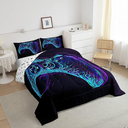 Gamer Comforter Set for Boys Teens Blue and Black Gaming Bedding Set Video Game Bedding Home Decor for Kids Comforter King Size 3 Pieces Gamepad Quilted Duvet Set 1 Comforter with 2 Pillowcases