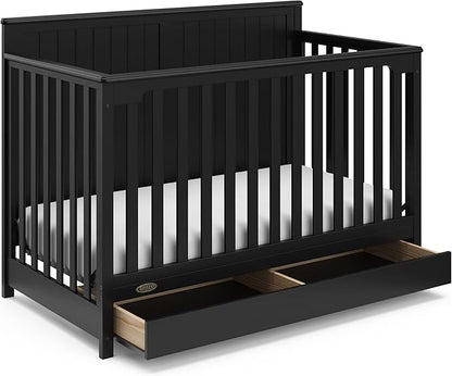 Graco Hadley 5-in-1 Convertible Crib with Drawer (Black) – Combo, Includes Full-Size Nursery Storage, Converts from Baby Crib to Toddler Bed, Daybed