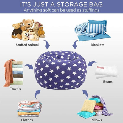 Aubliss Stuffed Animal Storage Bean Bag Chair Cover (No Beans)，Stuff and Sit Storage Bean Bag for Kids Toy Storage, Medium 32"-Canvas Stars Royal Blue