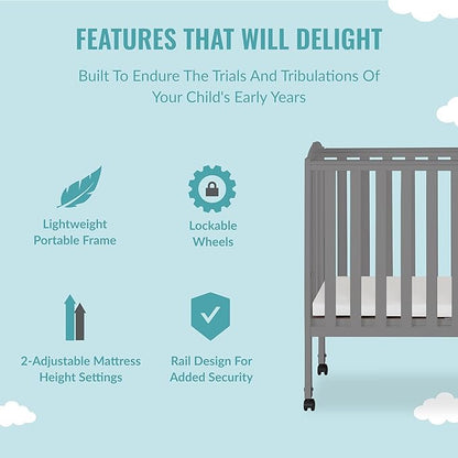 2-in-1 Portable Folding Stationary Side Crib in Storm Grey, Greenguard Gold Certified, Two Adjustable Mattress Height Positions,Made of Solid Pinewood, Flat Folding Crib