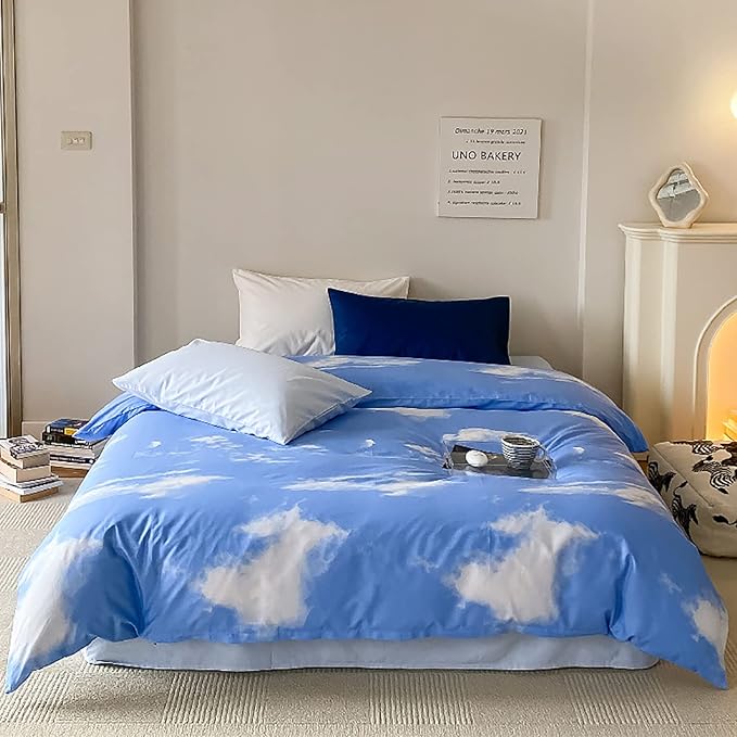 Cotton Blue Cloud Comforter Set Cal King Size Sky Blue Comforter Cotton 3 Pieces Soft Light Blue California King Comforter Bedding Set Women Solid Blue Plus Size Bed Comforter Set All Season