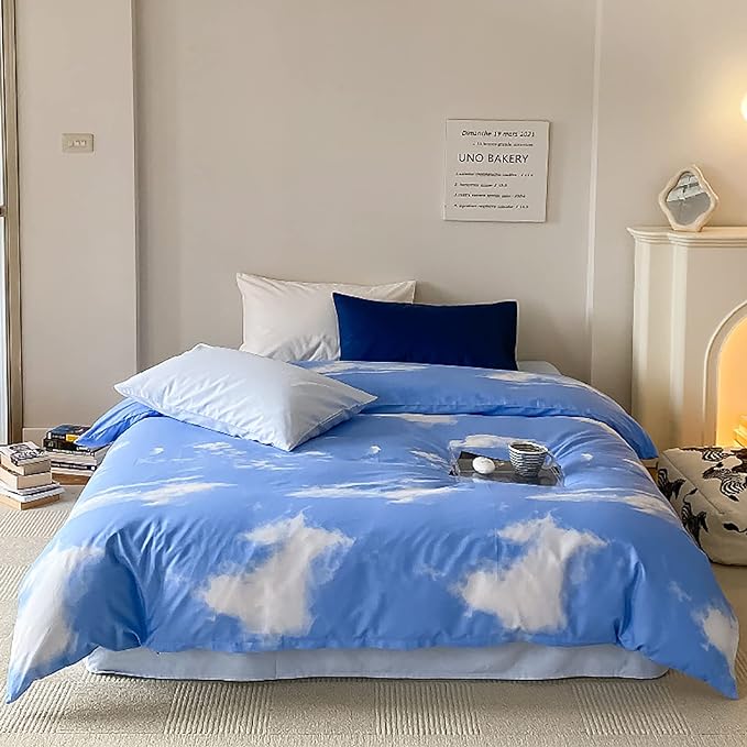 Cotton Blue Cloud Comforter Set King Size Sky Blue Comforter Cotton 3 Pieces Soft Light Blue King Comforter Bedding Set Women Solid Blue King Bed Comforter Set for All Season as Gift