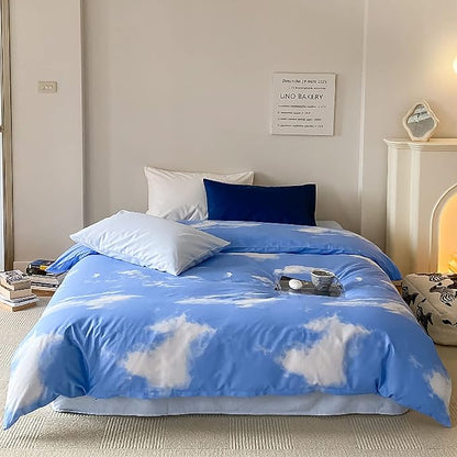 Cotton Blue Cloud Comforter Set Full Size Sky Blue Comforter Cotton 3 Pieces Soft Light Blue Full Comforter Bedding Set Boys Girls Solid Blue Full Bed Comforter Set for All Season as Gift