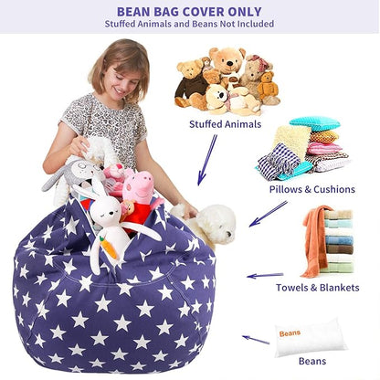 Aubliss Stuffed Animal Storage Bean Bag Chair Cover (No Beans)，Stuff and Sit Storage Bean Bag for Kids Toy Storage, Large 38"-Canvas Stars Royal Blue