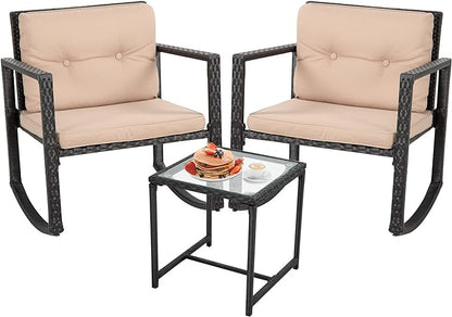 FDW Wicker Patio Furniture Outdoor Bistro Set, Rocking Chair, 3 Piece, Rattan Conversation Set for Backyard Porch Poolside Lawn with Coffee Table,Black