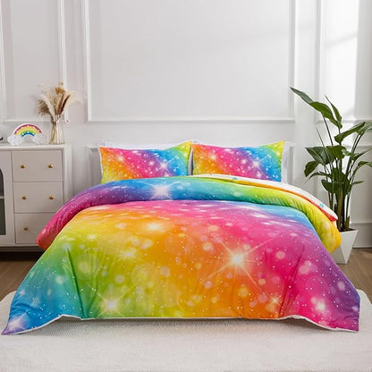 Holawakaka Girls Ombre Glitter Comforter Set, Twin Size Gradient Rainbow Galaxy Print Kids Bedding Sets, Multi-Color Ultra-Soft Dorm Bed Set (Multi-color,Twin)