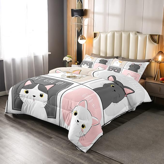 Erosebridal Kawaii Cats Comforter Set Twin,Pink Grey Cute Little Cat Down Comforter Adorable Kitten Animal Bedding Set for Kids Boys Girls Patchwork Cartoon Doodle Quilt Duvet Set with 1 Pillow Case