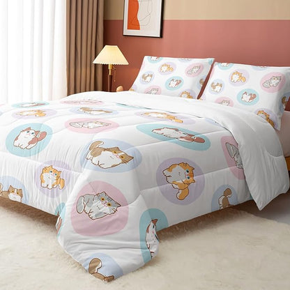 Datura home White Kawaii Cat Comforter Bedding Set for Girls Kitten White Print Cute Animal Pattern Bedding Set with 1 Comforter and 2 Pillowcases for Girls Bedroom All Season(Cat White Twin)