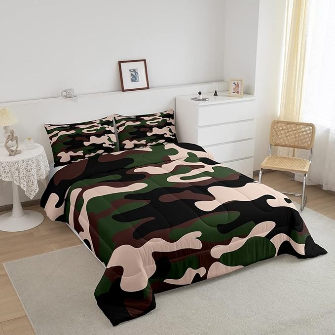 Twin Size Camouflage Comforter Set 3Pcs Kids Bedding Set for Boys Girls Teens 1 Comforter & 2 Pillowcases(Twin,Army Green) Boys