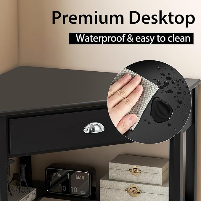 Nightcore Small, Wood Computer Desk, Compact Writing w/Drawer & Storage Shelves, Space Saving Study Workstation, Laptop PC Corner Table, Black