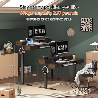Electric Standing Desk, Multifunctional Standing Desk Adjustable Height, 55 * 24 Standing Desk with 4 Drawers, Ergonomic Adjustable Standing Desk with Keyboard Tray, Rustic Brown