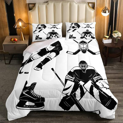 Erosebridal Ice Hockey Comforter Set, Ice Hockey Player Bedding Set King, Winter Sports Game Duvet Set, Black White Quilt Set Cartoon Bedding Comforters for Kids Child Boys Teens Gift