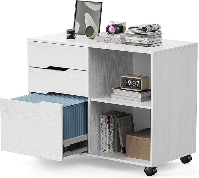 Sweetcrispy 3 Drawer File Cabinet Organizer Lateral Printer Stand Rolling Desk with Adjustable Storage Shelves for Office Home Small Space, White Wood