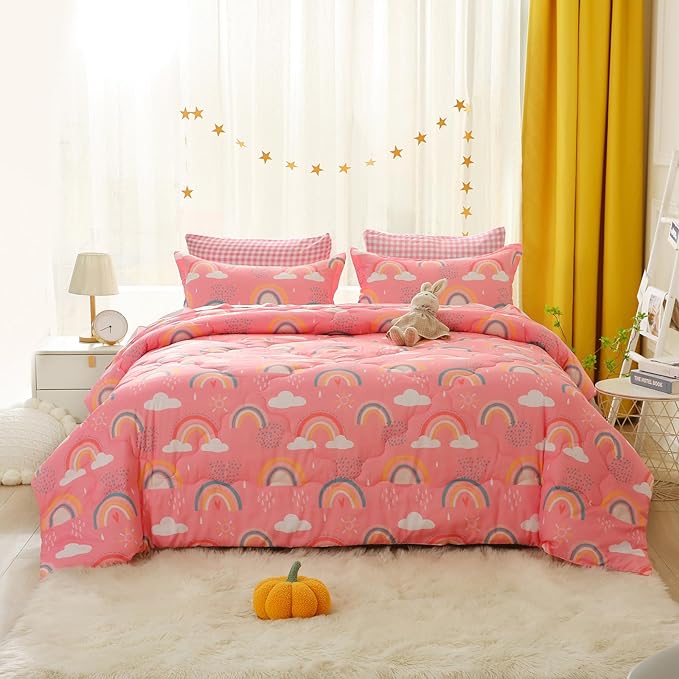 Kids Rainbow Comforter Set for Girls Teens Full Size 7 Piece Cloud Sun Pink Bedding Set 3D Cute Cartoon Love Hearts Bed in a Bag