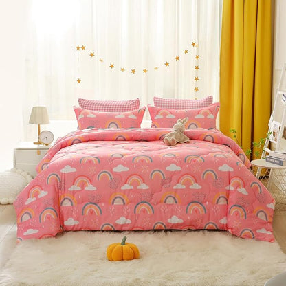 Kids Rainbow Comforter Set for Girls Teens Full Size 7 Piece Cloud Sun Pink Bedding Set 3D Cute Cartoon Love Hearts Bed in a Bag