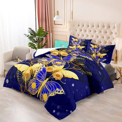 Butterfly Full Size Comforter Sets for Girls, Gold Blue Butterfly Bedding Sets Full Bedding Set for Adults Soft lightweight Bed Quilt Sets, 3 Piece 1 Comforter + 2 Pillowcases