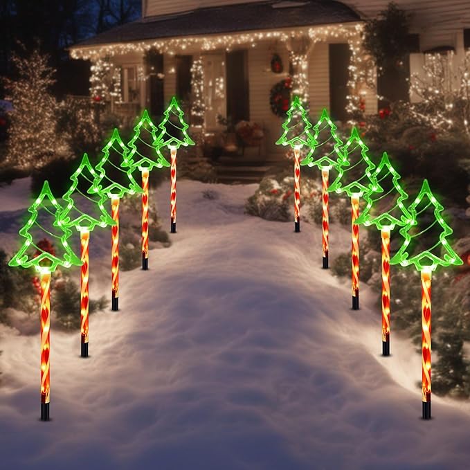 Solar Christmas Pathway Lights Outdoor Decorations, 8 Modes Xmas Tree Candy Lights Waterproof Led Garden Stake Lights for Walkway Yard Lawn Porch Holiday Decor 5-Pack (Red Green Xmas Tree Lights)
