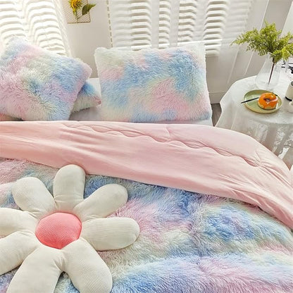 Faux Fur Kids Girls Sunshine Rainbow Comforter Sets Twin/Full - 3PC Bed Set Warm Comfortable Soft Plush Flannel Velvet Fluffy Fuzzy Bedding（Comforter x 1 Pillowcases x 2）