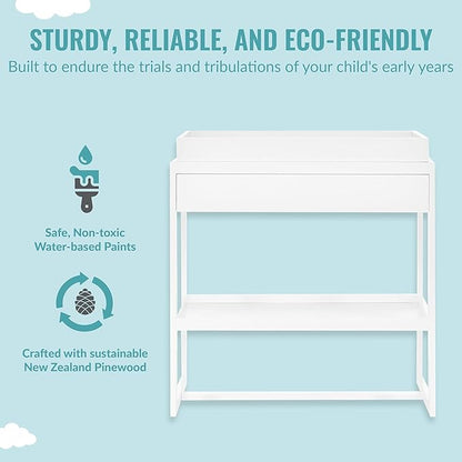 Arlo Changing Table in White, Made of Solid New Zealand Pinewood, Non-Toxic Finish, Comes with Water Resistant Mattress Pad & Safety Strap