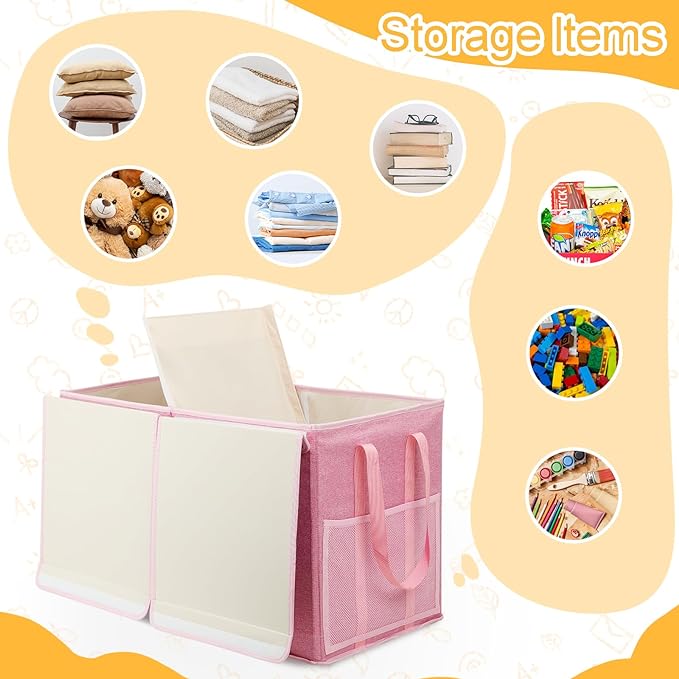 Large Toy Box for Boys Girls Toy Chest Kids Toy Storage Organizer Collapsible Toy Storage Bin Basket with Two Mesh Pockets for Nursery Playroom Bedroom Living Room Organization