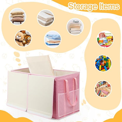 Large Toy Box for Boys Girls Toy Chest Kids Toy Storage Organizer Collapsible Toy Storage Bin Basket with Two Mesh Pockets for Nursery Playroom Bedroom Living Room Organization