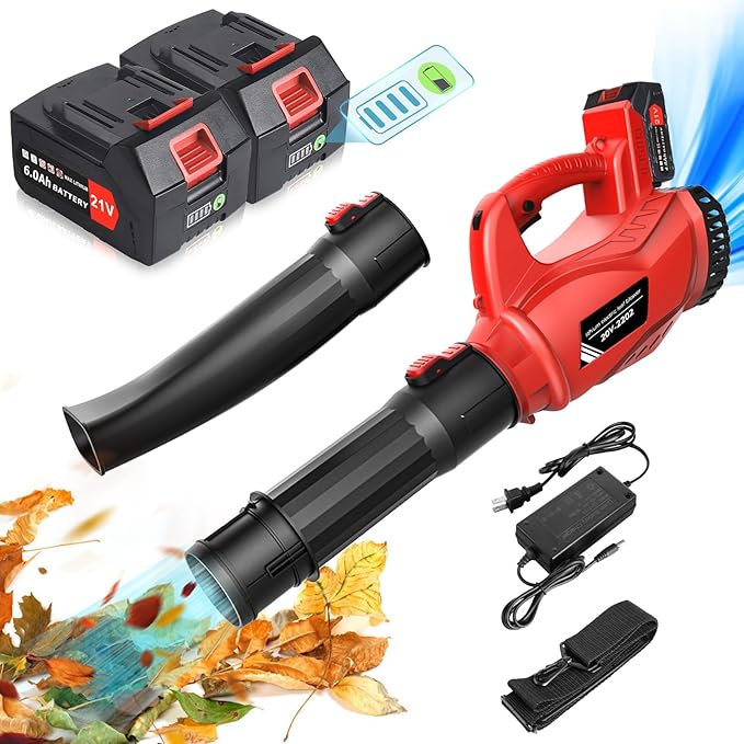 21V Electric Leaf Blower Cordless, 6000mAh 2 Battery Powered Leaf Blower 6-Speed Variable Control, Rechargeable Blowers Cordless for Lawn Care 2 Section Tubes, Charger, Shoudler Strap