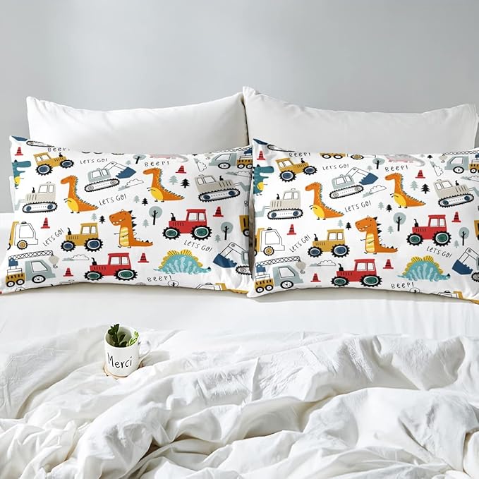 Feelyou Construction Comforter Set Kids Cartoon Dinosaur Comforter Cover Set for Boys Equipment Trucks Bedding Set Construction Vehicles Kawaii Jungle Dino Duvet Set Room Decor Quilt Set Twin Size