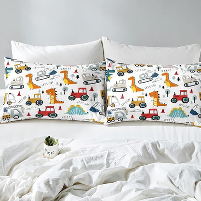 Feelyou Construction Comforter Set Kids Cartoon Dinosaur Comforter Cover Set for Boys Equipment Trucks Bedding Set Construction Vehicles Kawaii Jungle Dino Duvet Set Room Decor Quilt Set Twin Size